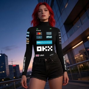 May include: A black long-sleeve top with a turtleneck collar, featuring various logos and text, including "DELL Technologies" and "OKX." The top is paired with black denim shorts. The sleeves have the text "RICHARD MILLE."