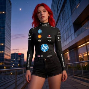 May include: A black long-sleeved top with multiple sponsor logos, including "hp", "IBM", and "Richard Mille". The top features the number "44" and the name "LEWIS HAMIL". The person is wearing black denim shorts.