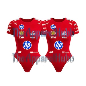 May include: Two red bodysuits with short sleeves, featuring multiple logos including "hp", "Shell", and "ZYN". One has the number "16" and "CHARLES", the other has "44" and "LEWIS". The text "The Apparel Hub" is also visible.
