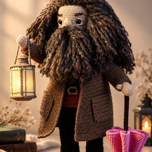 Hagrid Amigurumi Virkmönster – Trollkarlsvärldsdocka med Lykta och Paraply (PDF)