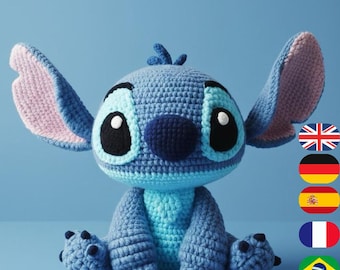 Patrón de crochet amigurumi de punto PDF: Peluche extraterrestre azul (inglés, español, alemán, francés y portugués)