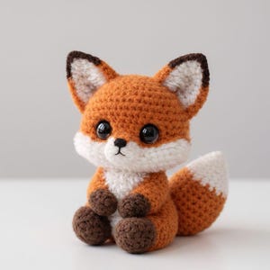 Peut inclure: Un renard en crochet aux couleurs orange, blanc et marron. Le renard a de grands yeux noirs, un museau blanc et une pointe de queue blanche et duveteuse. Le renard est assis droit avec ses pattes devant.