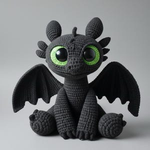 May include: A handmade, crocheted dragon toy in dark gray. The dragon has large, round eyes with green irises, small ears, and outstretched wings. The toy is sitting upright, showcasing its detailed crochet work.
