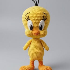 Puede incluir: Un peluche de ganchillo amarillo de un pájaro de dibujos animados con una cabeza grande, pies naranjas y un pequeño pico naranja. La figura presenta ojos blancos con pupilas negras, largas pestañas negras y tres mechones de pelo negro en la cabeza.