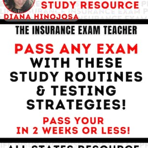 May include: A digital educational graphic featuring a circular portrait of Diana Hinojosa. The text reads: INSURANCE EXAM STUDY RESOURCE, THE INSURANCE EXAM TEACHER, PASS ANY EXAM WITH THESE STUDY ROUTINES & TESTING STRATEGIES! PASS YOUR IN 2 WEEKS OR LESS! ALL STATES RESOURCE LET'S STUDY TOGETHER!