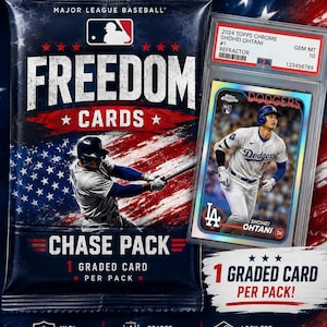 Puede incluir: Un paquete Freedom Cards Chase Pack con el logo de la Major League Baseball y un jugador de béisbol. Al lado, una tarjeta Shohei Ohtani 2024 Topps Chrome Refractor graduada por PSA en un estuche de plástico, etiquetada Gem Mt 10, 123456789.