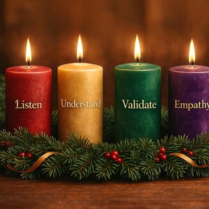 Puede incluir: Cuatro velas de pilar encendidas en rojo, dorado, verde y morado, cada una con una palabra: Escuchar, Entender, Validar y Empatía. Las velas están rodeadas por una guirnalda verde con bayas rojas y una cinta dorada, creando un ambiente festivo.
