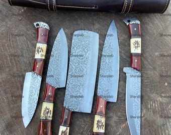 Etched Damascus Chef Knife Set – Gift for Husband