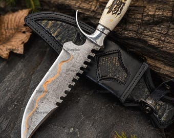 Copper Damascus Hunting Knife | Handmade Fixed Blade Knife with Stag Antler Handle & Leather Sheath | Custom Collector Gift for Him