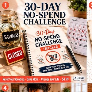May include: A spiral-bound notebook with the text "30-Day No-Spend Challenge Tracker" and a calendar with marked dates. A glass jar labeled "Savings" and a "Closed" sign are also visible. A pen rests on the notebook.