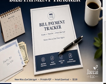 Könnte beinhalten: Ein weißes, druckbares PDF "Bill Payment Tracker" mit einem schwarzen Stift, einem Kalender und einer Tasse Kaffee. Der Tracker enthält Abschnitte zum Organisieren von Rechnungen, Verfolgen von Zahlungen und Vermeiden von Mahngebühren.