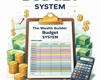 Könnte beinhalten: Illustration eines Finanzplanungstools mit dem Titel "The Wealth Builder Budget System". Das Bild enthält einen Klemmbrett mit einer Budgetvorlage, Geldbündel, Goldmünzen, einen Taschenrechner und einen Stift. Der Text lautet "The Wealth Builder Budget System."