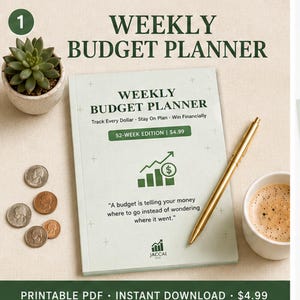 May include: A weekly budget planner with the text "Weekly Budget Planner" and "Track Every Dollar - Stay On Plan - Win Financially." The cover has a green and white design with a graphic of a rising graph and a dollar sign. A gold pen and a small succulent are also present.
