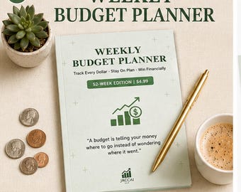 Könnte beinhalten: Ein wöchentlicher Budgetplaner mit dem Text "Weekly Budget Planner" und "Track Every Dollar - Stay On Plan - Win Financially." Das Cover hat ein grün-weißes Design mit einer Grafik eines steigenden Diagramms und einem Dollarzeichen. Ein goldener Stift und eine kleine Sukkulente sind ebenfalls vorhanden.