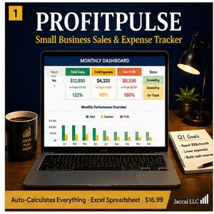 May include: A laptop displaying the ProfitPulse Small Business Sales & Expense Tracker dashboard with monthly performance charts, sales, expenses, and net profit data. A black mug with gold text and a notepad with Q1 goals sit on a wooden desk.