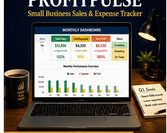 Könnte beinhalten: Ein Laptop zeigt das ProfitPulse Small Business Sales & Expense Tracker Dashboard mit monatlichen Leistungsdiagrammen, Verkaufs-, Ausgaben- und Nettogewinndaten. Eine schwarze Tasse und ein Notizblock liegen auf einem Schreibtisch.