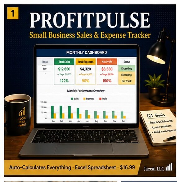 ProfitPulse Small Business Tracker | Excel Sales Expense Spreadsheet | Auto Dashboard