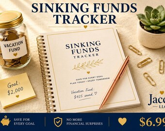 Könnte beinhalten: Ein Spiralnotizbuch mit der Aufschrift "Sinking Funds Tracker" auf dem Einband, ein roségoldener Stift und ein Glas mit Münzen, das mit "Vacation Fund" beschriftet ist. Eine kleine Sukkulente im Topf und goldene Büroklammern sind ebenfalls vorhanden.