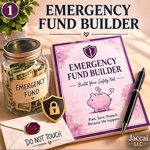May include: An image promoting financial planning. It features a glass jar filled with cash labeled "Emergency Fund", a book titled "Emergency Fund Builder", a pen, a security shield, and a sealed envelope with "Do Not Touch" written on it.