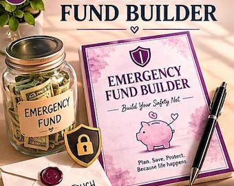 Könnte beinhalten: Ein Bild zur Förderung der Finanzplanung. Es zeigt ein Glas mit Bargeld, das mit "Notfallfonds" beschriftet ist, ein Buch mit dem Titel "Emergency Fund Builder", einen Stift, ein Sicherheitsschild und einen versiegelten Umschlag.