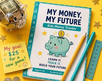 Könnte beinhalten: Ein Finanz-Tracker-Buch für Kinder mit dem Titel My Money, My Future, eine türkisfarbene Sparschwein-Illustration, ein gelber Bleistift, ein türkisfarbener Stift, ein Lineal, ein durchsichtiges Sparschwein mit Münzen und Geldscheinen sowie ein Notizzettel mit My goal: $25 for a new game.