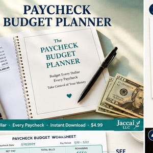 May include: A spiral-bound "Paycheck Budget Planner" book with a black pen, calculator, and cash. The book's cover reads "The Paycheck Budget Planner" with the tagline "Budget Every Dollar, Every Paycheck, Take Control of Your Money."
