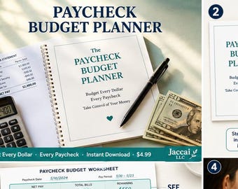 Könnte beinhalten: Ein spiralgebundenes "Paycheck Budget Planner"-Buch mit einem schwarzen Stift, einem Taschenrechner und Bargeld. Auf dem Einband des Buches steht "The Paycheck Budget Planner" mit dem Slogan "Budget Every Dollar, Every Paycheck, Take Control of Your Money."