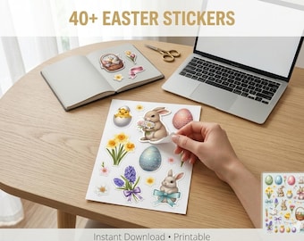 Easter Stickers Printable, 40+ Cute Bunny Egg Stickers, Kids Easter Activity, Planner Stickers, Cricut Stickers, Instant Download PDF