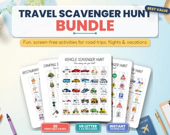 Kids Travel Activity Printable Bundle | Road Trip Scavenger Hunt | Airplane Busy Book Game | Screen Free Toddler Activity | Instant Download