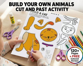 Build a Cat Printable, Kids Cut and Paste Activity, Animal Craft Template, Coloring Pages Bundle, Preschool Busy Book, Instant Download PDF