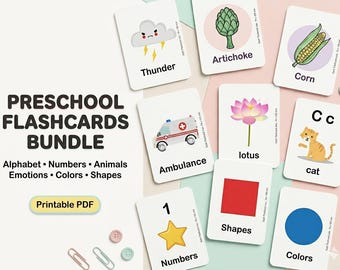 Preschool Flashcards Bundle Printable Alphabet, Numbers, Colors, Animals, Emotions, Weather Toddler Learning Cards Homeschool Montessori PDF