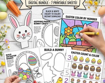 Easter Kids Activity Bundle  7 Printable Sheets  Bunny, Chick and Basket Crafts  Coloring, Count and Color Fun