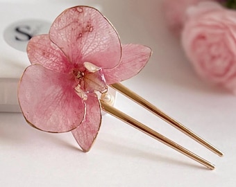 Real Orchid flower Hairpin, French pin, pink flower, Dangle pearl
