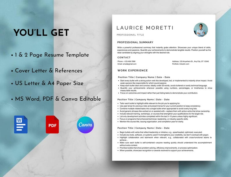 ATS Friendly Resume Template With Photo | Word & Canva | Cover Letter ...