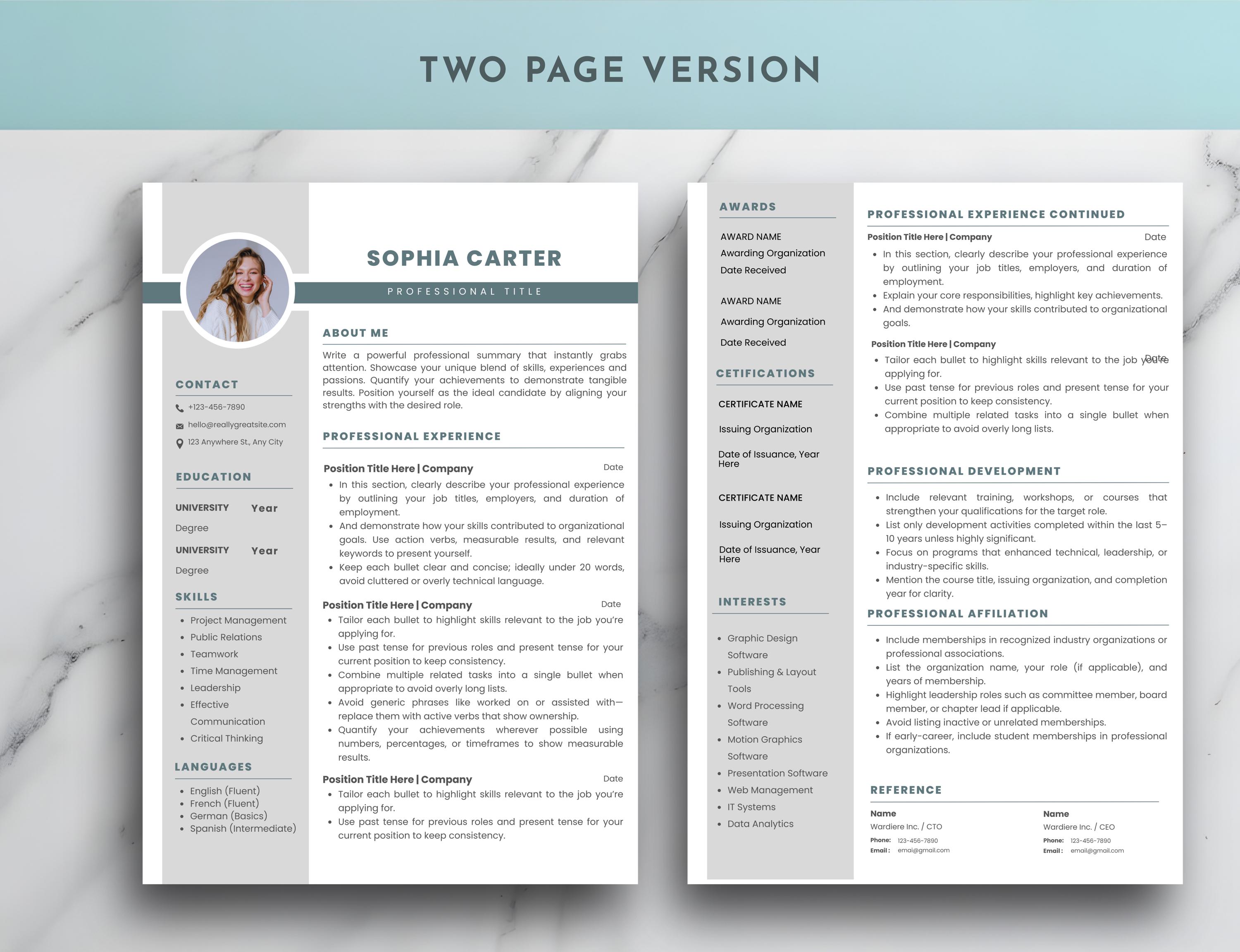 Modern Resume Template Canva Editable | Professional CV for Word ...