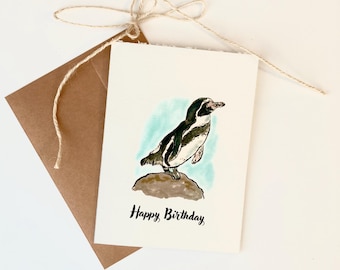 Penguin Birthday Day Card, Handmade Greeting Card, Happy Birthday Card, Watercolor Penguin
