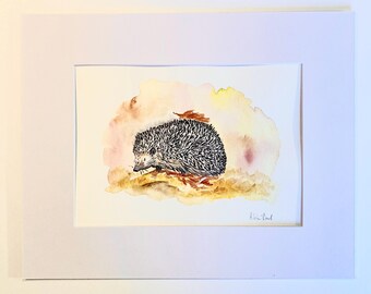 Hedgehog Watercolor and Ink Painting, Hedgehog in Colorful Leaves, Original Art, Cute Animal Illustration