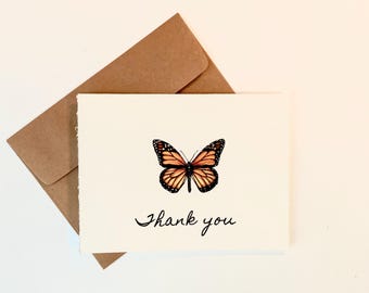 Butterfly Thank you Card, Handmade Greeting Card Set, Monarch Painting