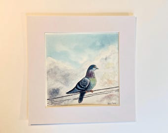 Pigeon Watercolor Painting, Pigeon on Powerlines, Original Art, Cute Bird Illustration