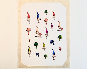 Gnomes Art Print, Original Art Gnome and Mushroom Painting