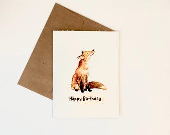 Cute Fox Brithday Day Card, Handmade Greeting Card, Watercolor Fox Painting