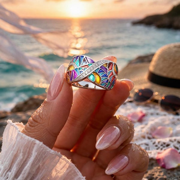 Anillo de esmalte con mosaico colorido • Anillo llamativo chapado en plata • Detalles artísticos de cristal