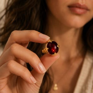 Vintage Guld Statement Ring – Djupröd Cabochon Ädelsten, Justerbara Retro Smycken