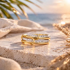 Interlocking Link Ring Gold & Silver • Pavé Zirconia Statement Ring • Stackable Minimalist Jewelry