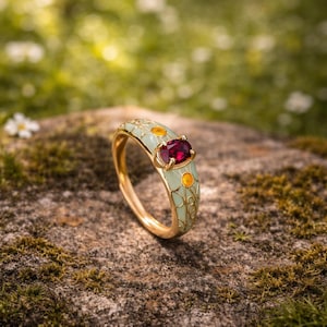 Anillo vintage de esmalte con piedras preciosas para mujer: elegante banda dorada, joya única y llamativa.