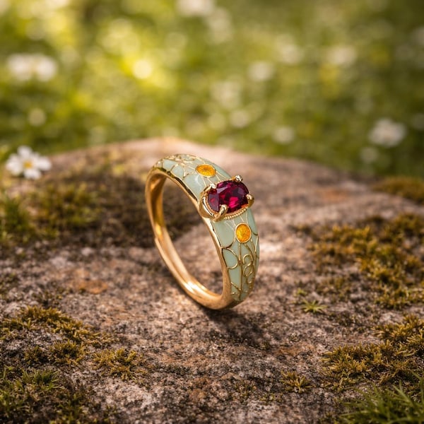 Anillo vintage de esmalte con piedras preciosas para mujer: elegante banda dorada, joya única y llamativa.