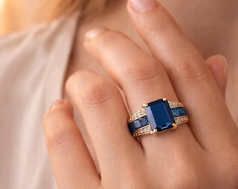 Bague saphir bleu plaquée or | Bague de fiançailles élégante pour femme