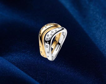 Anillos apilables bicolor de forma orgánica, plata de ley, anillos llamativos, regalo para ella, joyería para mujer