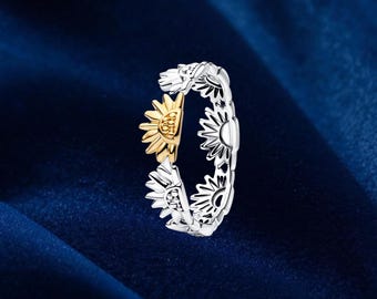 Anillo de banda bicolor con girasol, plata de ley, anillos llamativos, regalo para ella, joyería para mujer