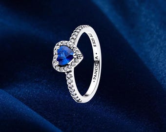 Anillo de princesa con corazón azul, plata de ley, anillos llamativos, regalo para ella, joyería para mujer